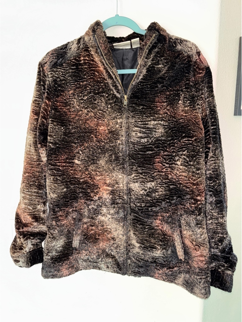 Vintage Chicos Design Silk Lined Faux Fur Jacket Brown Black Swirl Size 2 L 90s